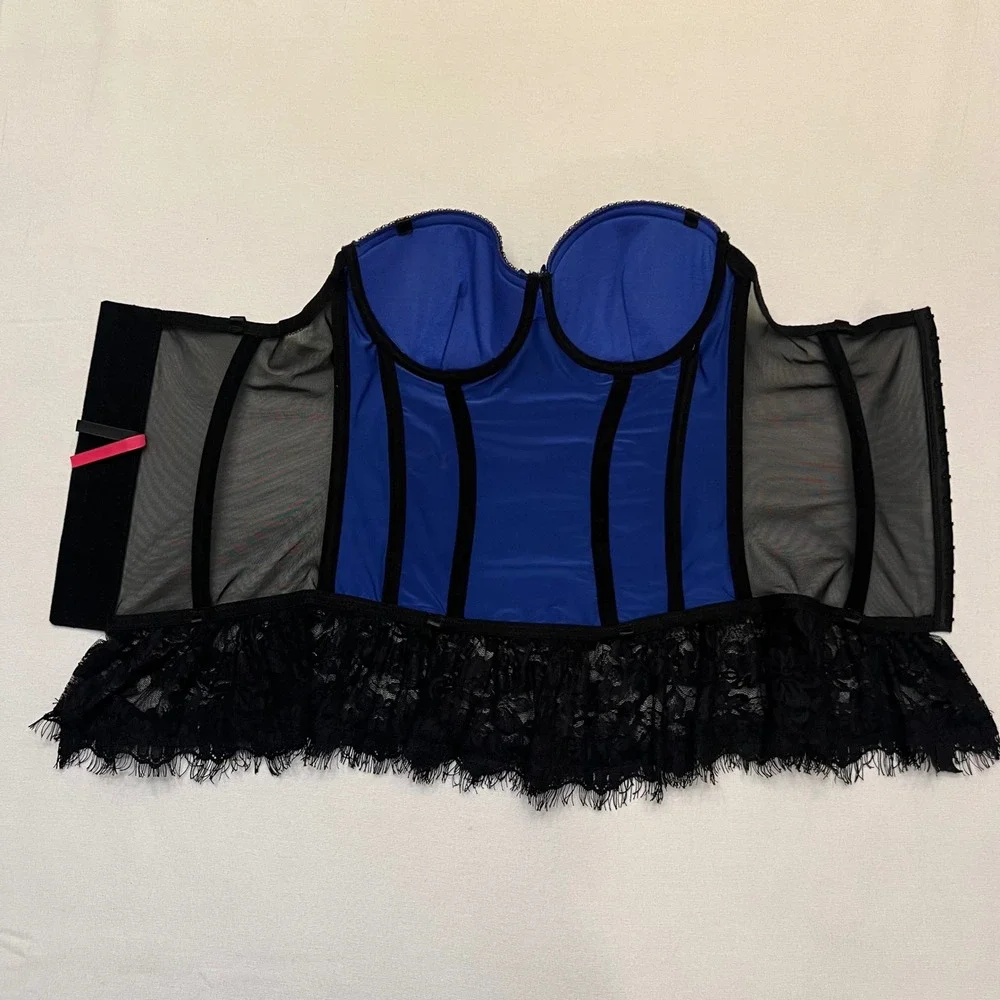 Seven til Midnight‎ Blue Black Lace Corset Burlesque Pin Up Bustier Top Size L